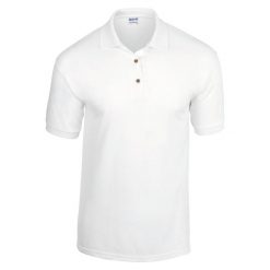 Koszulka polo z dżerseju Gildan Dryblend. Białe bluzki damskie Gildan, m, bez wzorów, z bawełny, bez ramiączek. Za 52.30 zł.