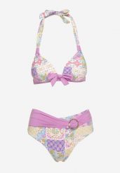 Fioletowo-Beżowe Bikini z Ozdobnym Wzorem i Paskiem z Klamrą na Figach Uptella. Fioletowe bikini damskie Born2be, bez wzorów. Za 39.99 zł.