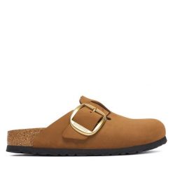 Klapki Birkenstock. Brązowe klapki damskie Birkenstock, bez wzorów, bez obcasa. Za 779.99 zł.