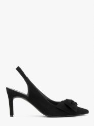 Welurowe czółenka typu slingback z kokardą OFELIA. Czarne czółenka damskie Ryłko, bez wzorów, z gumy, bez obcasa, na szpilce. Za 349.99 zł.