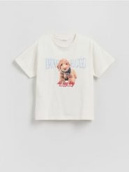 T-shirt z nadrukiem - złamana biel. Koszulki dziewczęce Reserved, bez wzorów, z bawełny, bez ramiączek. Za 39.99 zł.