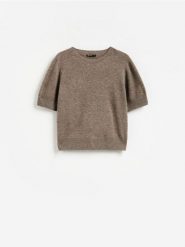 Wełniany sweter z krótkim rękawem - brązowy. Brązowe swetry klasyczne damskie Reserved, l, z wełny, bez kołnierzyka. Za 119.99 zł.
