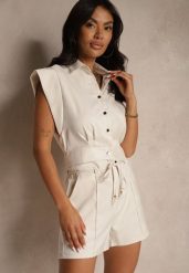 Jasnobeżowy Elegancki Komplet Koszula Bez Rękawów i Szorty z Wiązanym Paskiem Linelitia. Brązowe koszule damskie Renee, bez wzorów, eleganckie. Za 109.99 zł.
