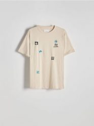T-shirt comfort z nadrukiem - beżowy. Brązowe t-shirty męskie Reserved, l, bez wzorów, z bawełny, bez kołnierzyka. W wyprzedaży za 35.99 zł.