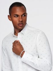 Klasyczna męska bawełniana koszula SLIM FIT w kotwice - biała V3 - Rozmiar: L. Białe koszule męskie Ombre Clothing, l, bez wzorów, z bawełny, bez kołnierzyka, bez ramiączek. W wyprzedaży za 69.99 zł.