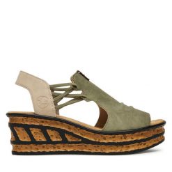 Sandały Rieker. Zielone sandały damskie Rieker, bez wzorów, bez obcasa, na koturnie. Za 319.99 zł.