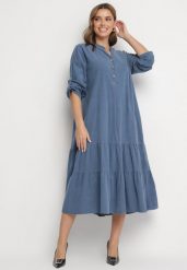 Niebieska Bawełniana Rozkloszowana Sukienka z Falbanką i Regulowanymi Rękawami Rivesi. Niebieskie sukienki damskie Born2be, na co dzień, bez wzorów, z bawełny, eleganckie, bez kołnierzyka, bez ramiączek, midi, proste. W wyprzedaży za 159.99 zł.