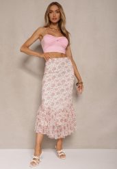 Biało-Różowa Dopasowana Spódnica z Ozdobną Falbaną Efravaria. Białe spódniczki damskie Renee, m, bez wzorów, eleganckie, midi, dopasowane. Za 69.99 zł.
