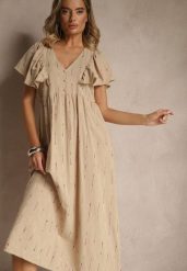 Beżowa Rozkloszowana Sukienka z Bawełny Zdobiona Falbanami Silonia. Brązowe sukienki damskie Renee, na spotkanie biznesowe, na lato, l, z aplikacjami, z bawełny, eleganckie, bez kołnierzyka, bez ramiączek, rozkloszowane. W wyprzedaży za 118.99 zł.