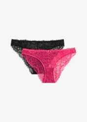 Figi mini z koronki (2 pary). Czerwone figi damskie bonprix, bez wzorów, z koronki. Za 27.98 zł.