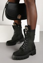 Czarne Sznurowane Botki w Stylu Workerów na Platformie z Tłoczeniem Ozdobione Cyrkoniami Ravetta. Czarne botki damskie Renee, z jeansu, bez obcasa, na platformie, bez zapięcia. Za 139.99 zł.