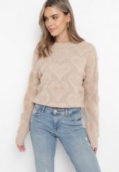 Beżowy Sweter w Serca o Klasycznym Fasonie ze Ściągaczami Biriet. Brązowe swetry klasyczne damskie Born2be, m, z bawełny, bez kołnierzyka. Za 89.99 zł.