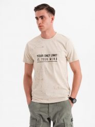 T-shirt męski z nadrukiem i okrągłym dekoltem – kremowy V2 OM-TSFP-0187 - XXL. Białe t-shirty męskie Ombre Clothing, l, bez wzorów, z bawełny, bez kołnierzyka. W wyprzedaży za 39.99 zł.