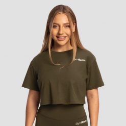 Koszulka damska fitness cropped z krótkim rękawem Limitless. Brązowe bluzki sportowe damskie GYMBEAM, xs, bez wzorów, z bawełny, bez ramiączek. Za 76.90 zł.