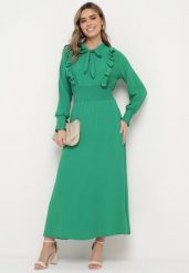 Zielona Rozkloszowana Sukienka Maxi Wiązana przy Dekolcie Ozdobiona Falbankami Nuteki. Zielone sukienki damskie Born2be, na imprezę, m, bez wzorów, eleganckie, bez kołnierzyka, bez ramiączek, maxi, rozkloszowane. W wyprzedaży za 103.99 zł.