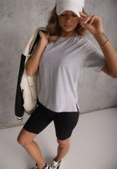 Szary Bawełniany T-shirt Ozdobiony po Bokach Rozcięciami Brinelle. Szare t-shirty damskie Renee, m, bez wzorów, z bawełny, bez kołnierzyka. Za 39.99 zł.