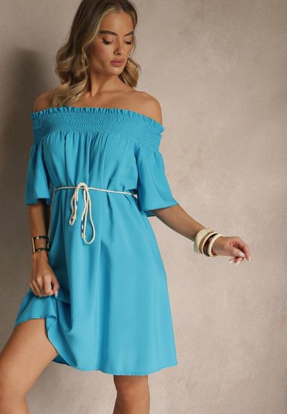 Niebieska Sukienka Hiszpanka z Bawełną i Wiskozą Ozdobiona Sznurkiem Lilarelle. Niebieskie sukienki damskie Renee, na co dzień, na wiosnę, m, bez wzorów, z bawełny, eleganckie, bez kołnierzyka, bez ramiączek, mini, z odkrytymi ramionami. Za 34.99 zł.