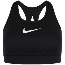 Stanik damski Nike Swoosh Bra, średnie wsparcie, Dri-FIT. Czarne biustonosze sportowe damskie Nike, bez wzorów, z poliesteru. Za 57.47 zł.