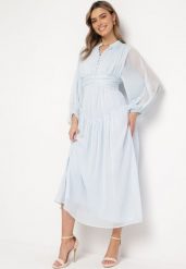 Jasnoniebieska Długa Sukienka Koktajlowa w Stylu Retro z Plisami i Stójką Leowia. Niebieskie sukienki damskie Born2be, l, bez wzorów, retro, bez kołnierzyka, bez ramiączek, maxi. W wyprzedaży za 151.99 zł.