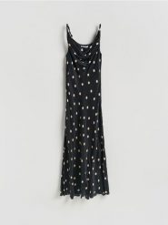 Sukienka midi w groszki - czarny. Czarne sukienki damskie Reserved, na co dzień, l, bez wzorów, z wiskozy, bez kołnierzyka, bez ramiączek, midi, proste. Za 139.99 zł.