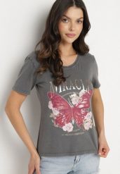 Ciemnoszary Bawełniany T-shirt z Metalicznym Napisem i Motylem Zarevalia. Szare t-shirty damskie Born2be, l, bez wzorów, z bawełny, bez kołnierzyka. Za 39.99 zł.