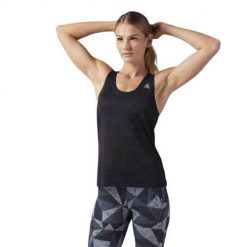 Koszulka treningowa damska Reebok CD7587. Czarne bluzki sportowe damskie Reebok, l, z materiału, bez kołnierzyka, bez ramiączek. Za 149.00 zł.