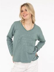 Zwillingsherz Sweter "Positive Mind" w kolorze zielonym rozmiar: S/M. Zielone swetry klasyczne damskie Zwillingsherz, m, z bawełny, bez kołnierzyka. Za 126.99 zł.