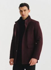 PAKO LORENTE - Bordowy płaszcz zapinany na guziki. Czerwone płaszcze męskie Pako Lorente, na jesień, m, bez wzorów, z poliesteru. Za 499.99 zł.