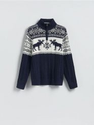 Sweter z golfem - granatowy. Niebieskie swetry męskie Reserved, l, bez wzorów, z bawełny, bez kołnierzyka. Za 149.99 zł.