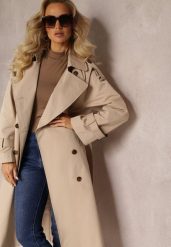 Beżowy Płaszcz Trencz Dwurzędowy z Guzikami oraz Paskiem i Pagonami Kolira. Brązowe płaszcze damskie Renee, na jesień, l, z aplikacjami. Za 259.99 zł.