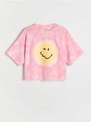 Krótki t-shirt SmileyWorld® - wielobarwny. Koszulki dziewczęce Reserved, bez wzorów, z bawełny, bez ramiączek. W wyprzedaży za 35.99 zł.