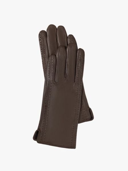 Skórzane rękawiczki damskie w brązowym kolorze. Brązowe rękawiczki damskie Ryłko, bez wzorów. Za 129.99 zł.