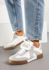 Biało-Szare Sneakersy Tenisówki z Ozdobnym Językiem Alaviela. Białe trampki i tenisówki damskie Born2be, bez wzorów, z jeansu. Za 89.99 zł.