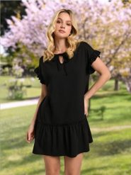 Sukienka mini z falbanami - czarny. Czarne sukienki damskie Sinsay, l, bez wzorów, ze skóry, bez kołnierzyka, bez ramiączek, mini. Za 39.99 zł.