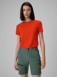 4F Koszulka trekkingowa z wełną merino damska - pomarańczowa XL. Brązowe bluzki damskie 4f, l, bez wzorów, z tkaniny, wizytowe, bez kołnierzyka, bez ramiączek. Za 199.99 zł.
