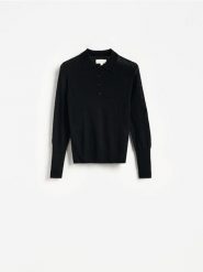 Wełniany sweter polo - czarny. Czarne swetry klasyczne damskie Reserved, l, z wełny, bez kołnierzyka. Za 199.99 zł.