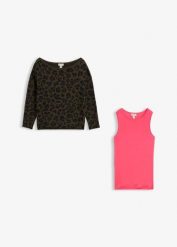 Sweter i top z mieszanki bawełny (kompl. 2-częściowy). Brązowe swetry klasyczne damskie bonprix, z bawełny, bez kołnierzyka. Za 149.99 zł.