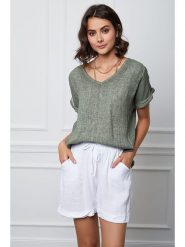 Fleur de Lin Lniana koszulka "Fabius" w kolorze khaki rozmiar: XL. Brązowe bluzki damskie Fleur de Lin, xl, bez wzorów, ze lnu, bez kołnierzyka, bez ramiączek. Za 136.45 zł.