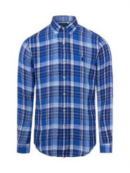 Polo Ralph Lauren koszula lniana Mężczyźni Modern Fit len niebieski, S. Niebieskie koszule męskie Polo Ralph Lauren, m, bez wzorów, ze lnu, bez kołnierzyka, bez ramiączek. Za 599.95 zł.