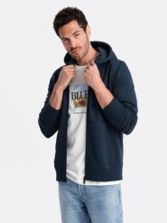 Rozpinana męska bluza dresowa BASIC – granatowa V1 - Rozmiar: XL. Niebieskie bluzy z kapturem męskie Ombre Clothing, m, z dresówki. Za 209.99 zł.