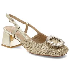 Czółenka damskie Alma En Pena, z zabudowanym przodem wykonane z plecionego materiału osadzone na stabilnym obcasie z regulowanym paskiem wokół kostki. Żółte czółenka damskie Alma En Pena, z aplikacjami, bez obcasa. Za 559.00 zł.