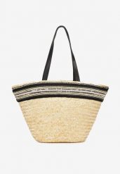 Beżowa Pleciona Torebka Shopper Ozdobiona Tasiemką Perłami i Cekinami Klubia. Brązowe shopper bag damskie Born2be, bez wzorów, bez dodatków. Za 84.99 zł.