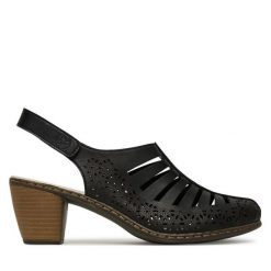 Sandały Rieker. Czarne sandały damskie Rieker, bez wzorów, bez obcasa, na słupku. Za 299.99 zł.