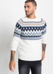 Sweter w norweski wzór, z poliestru z recyklingu. Białe swetry męskie bonprix, l, bez wzorów, bez kołnierzyka. Za 107.99 zł.