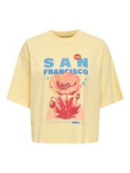 ONLY Koszulka w kolorze żółto-niebiesko-czerwonym rozmiar: S. Żółte bluzki damskie Only, s, bez wzorów, z bawełny, bez kołnierzyka, bez ramiączek. Za 43.99 zł.