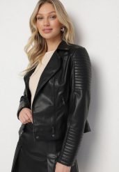 Czarna Taliowana Kurtka Ramoneska w Motocyklowym Stylu z Kołnierzem Zinalda. Czarne kurtki damskie Born2be, l, bez wzorów, z bawełny, bez kaptura. Za 129.99 zł.