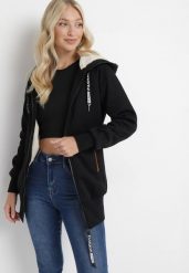 Czarna Długa Bluza z Ozdobnymi Taśmami Ocieplona Savabe. Czarne bluzy bez kaptura damskie Born2be, l, z dzianiny. Za 129.99 zł.