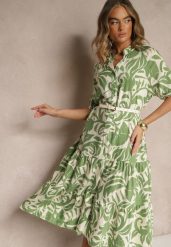 Zielona Rozkloszowana Sukienka z Wiskozy Ozdobiona Falbaną Filesenia. Zielone sukienki damskie Renee, na spotkanie biznesowe, l, bez wzorów, z wiskozy, eleganckie, bez kołnierzyka, bez ramiączek, midi, rozkloszowane. W wyprzedaży za 62.99 zł.