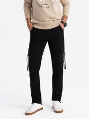 Spodnie męskie cargo STRAIGHT LEG z paskami na kieszeniach – czarne V4 OM-PACG-0197 - XXL. Czarne spodnie materiałowe męskie Ombre Clothing, bez wzorów, z bawełny, eleganckie. Za 143.99 zł.