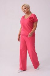 Koralowy komplet dresowy Róża - bluzka + długie spodnie PLUS SIZE XXL LATO. Pomarańczowe spodnie materiałowe damskie Moda Size Plus Iwanek, bez wzorów, z bawełny, plus size. Za 289.90 zł.